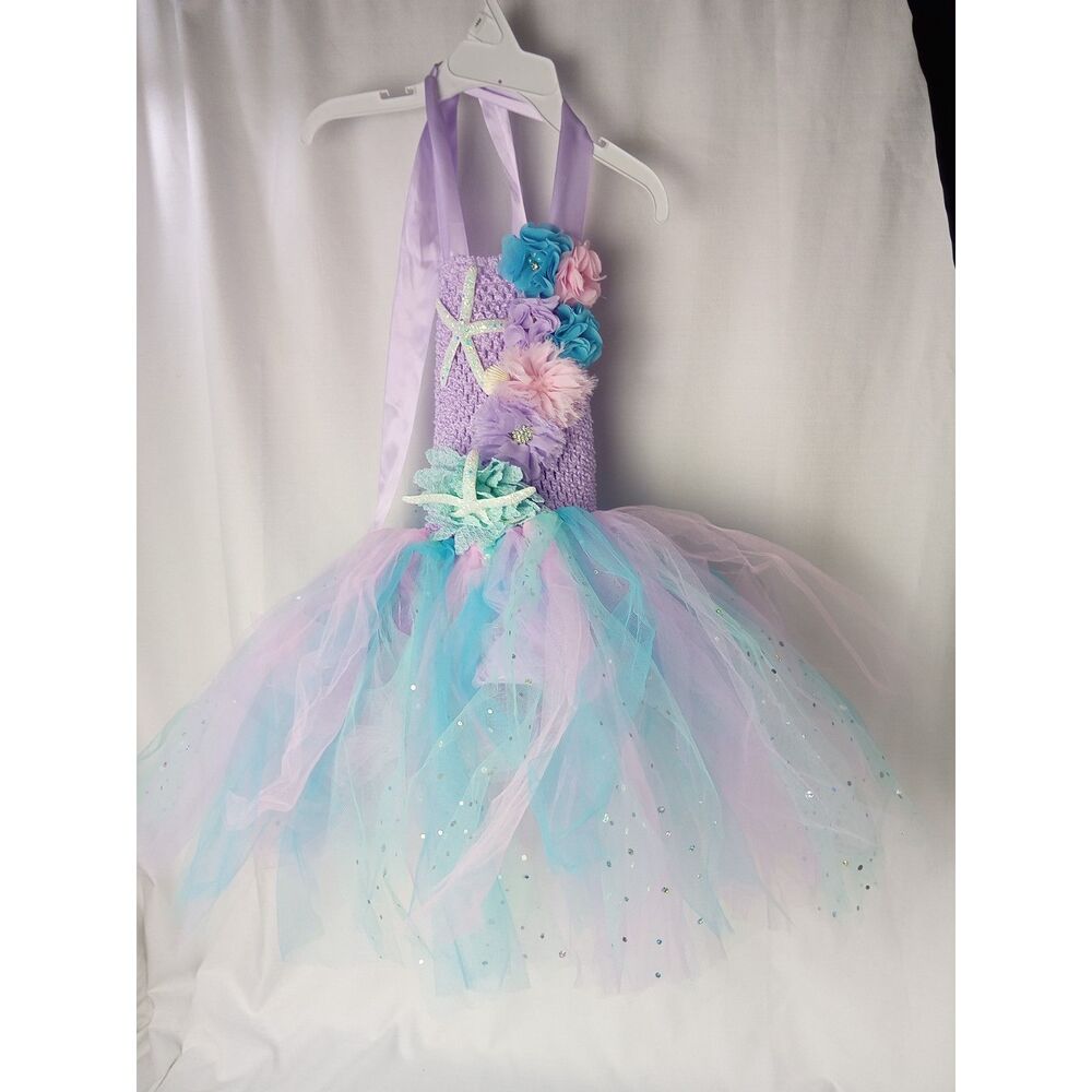 Girls Mermaid Costume Dress Lavender Aqua Tutu Starfish Flower Glitter Size L